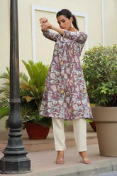 Women Cream Printed Kurta Set With Solid Pants-145-Vaas-Brown